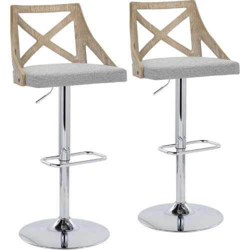 Charlotte Adjustable Swivel Bar Stool in Chrome, White Washed Wood & Light Grey Fabric (Set of 2)